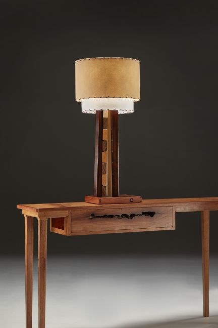 Entry console table with live-edge drawer pull, photographed in the studio with a handmade wood table lamp