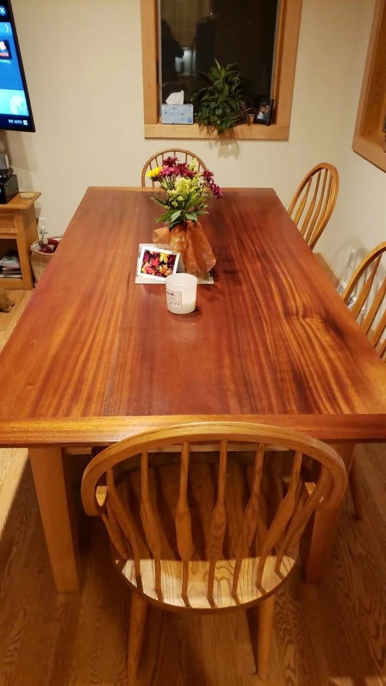 Flame Mahogany Table — Flame mahogany top, at home