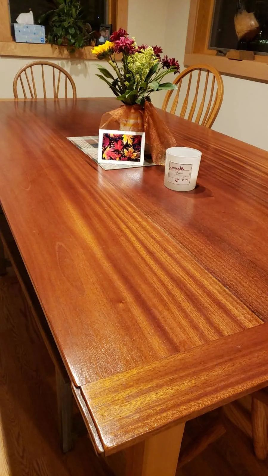 Close view of the flame mahogany table top