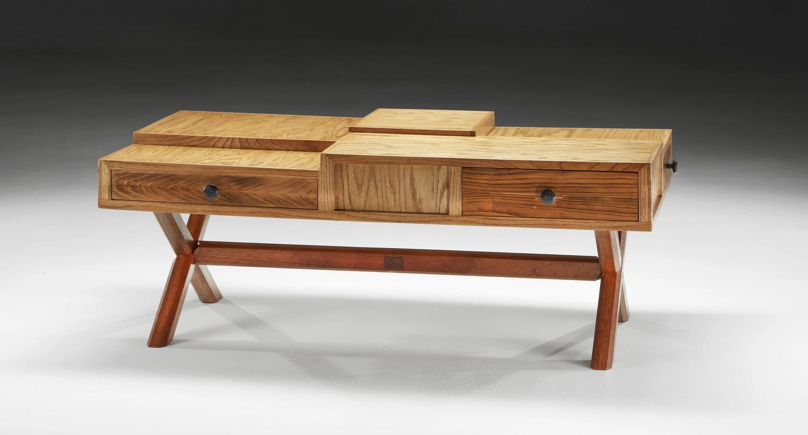 Oak and Cypress Coffee Table — Stepped top, surround drawers