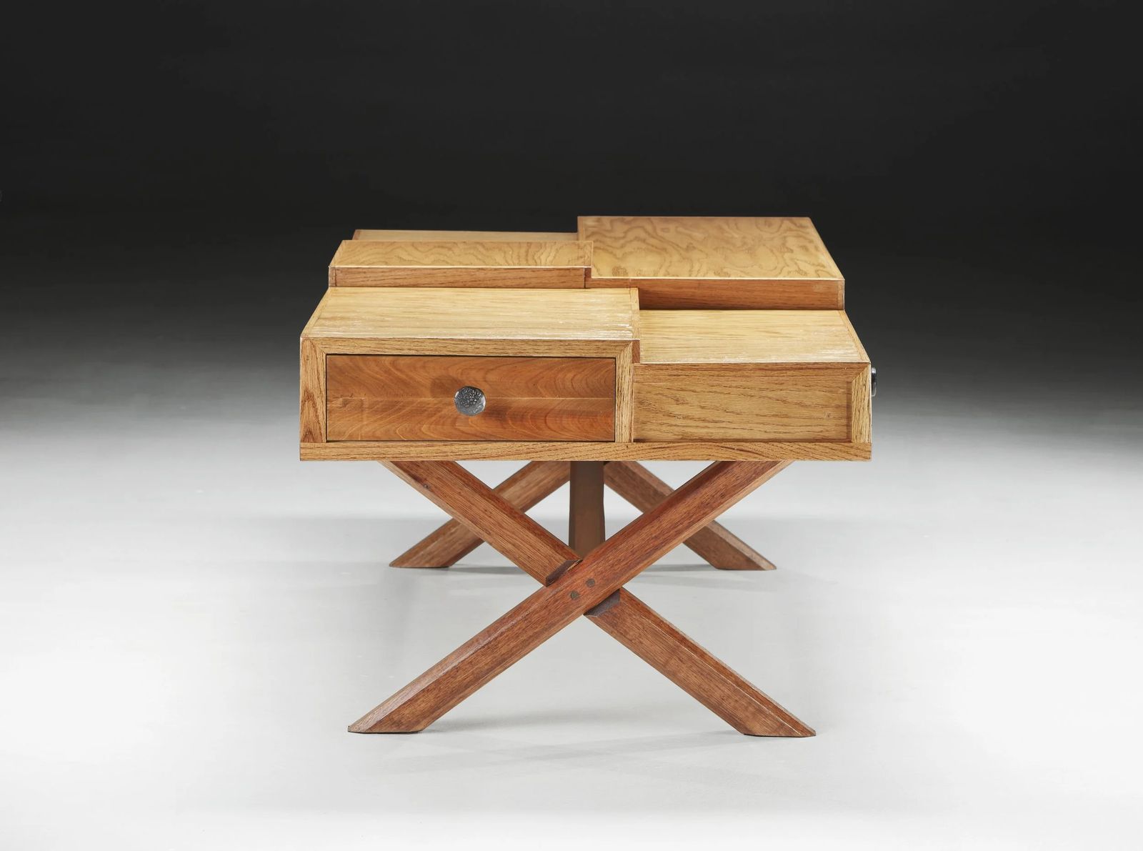 Oak and cypress coffee table with stepped top and surround drawers, second view