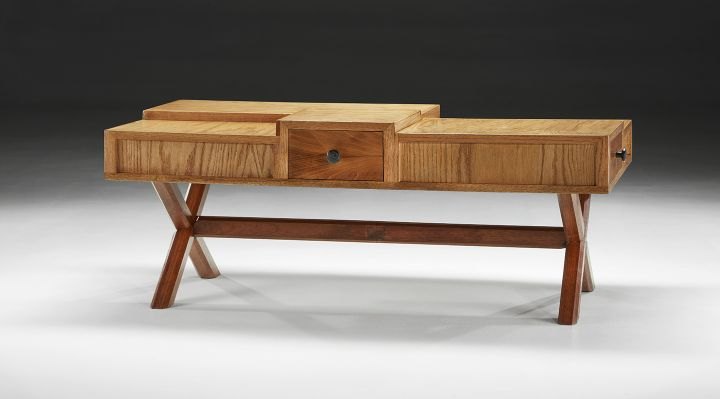 Oak and cypress coffee table from the other side, with center cypress drawer