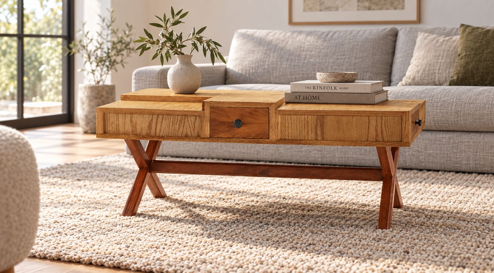 Oak and cypress coffee table shown in a styled contemporary living room