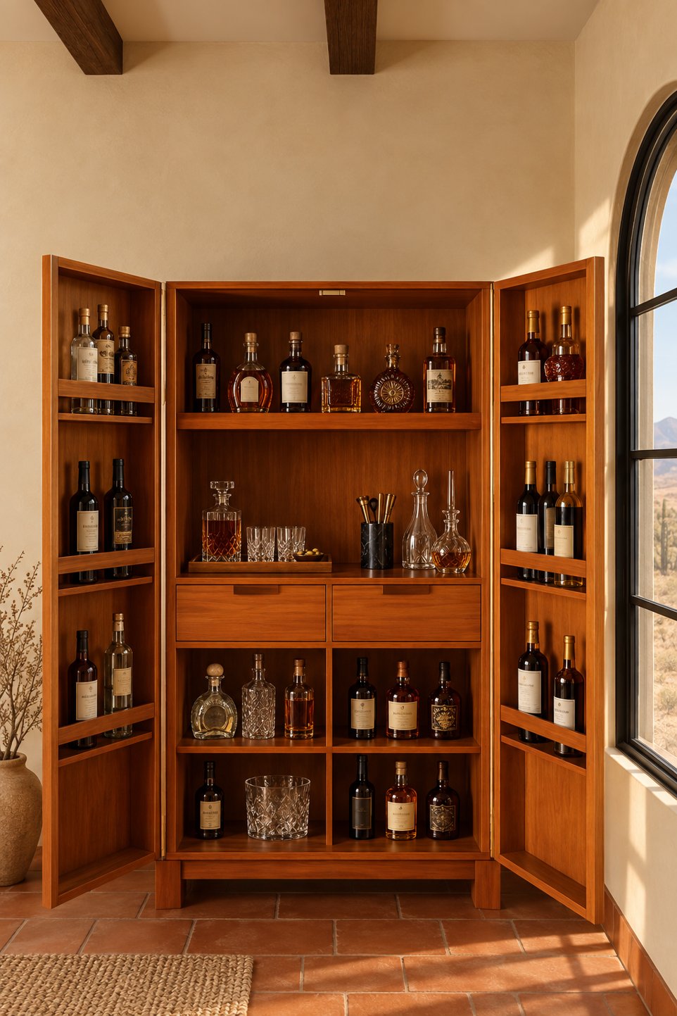 Red Grandis liquor cabinet with doors open, showing bottle shelves and a drawer