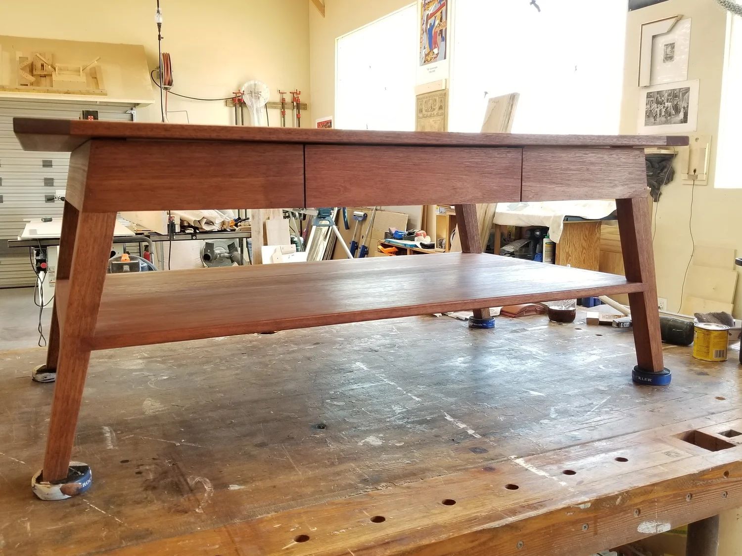 Red Grandis mid-century modern coffee table in the workshop