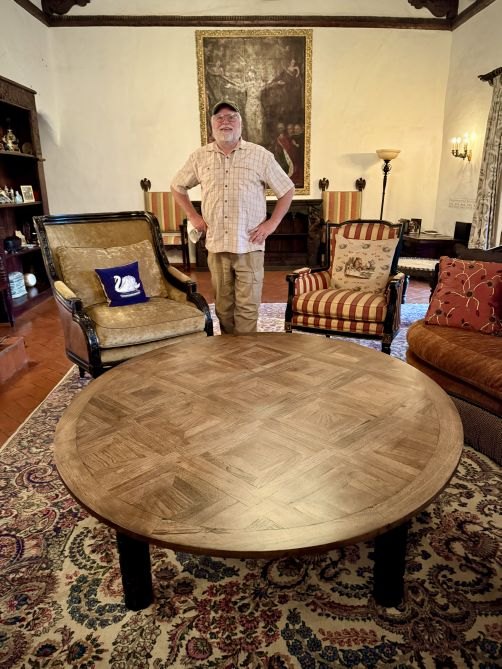 Doug Lutz of dadowoodworking with the finished Stahman Farms pecan coffee table