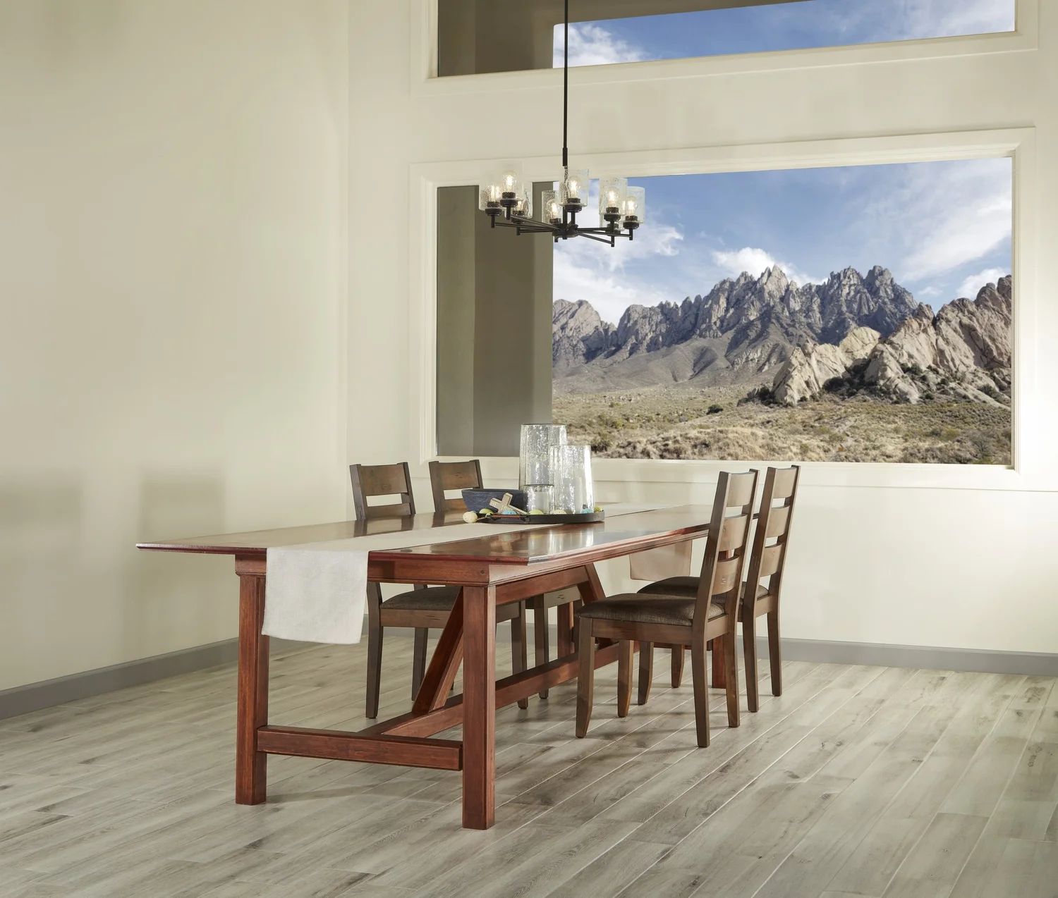 Mahogany dining table set in place in a newly built home